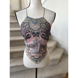 Vintage Y2K Silk Purple Paisley Backless Scarf Tie Beaded Halter Top